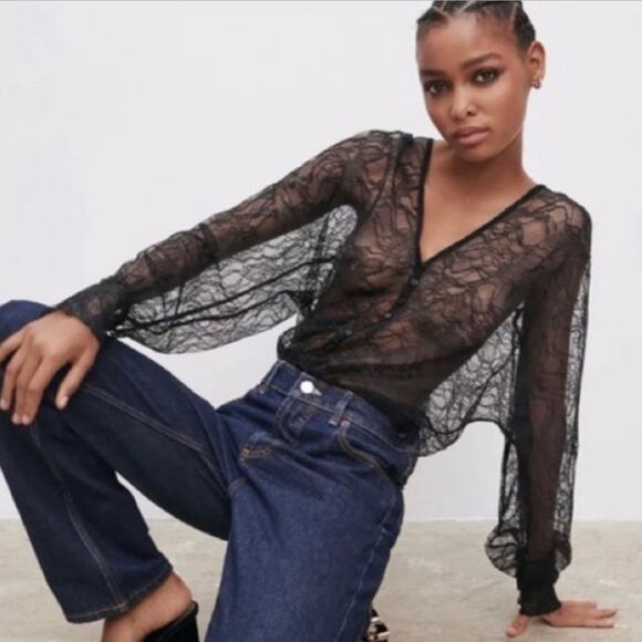 Zara Sz. Xs Black Lace Bodysuit Whimsical Goth Sexy Evening Glam Celeb Cocktail - Picture 1 of 4